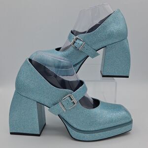 GB 2 Night Blue Glitter Mary Jane Platform Pumps Size 9 Block Heel Chunky EUC